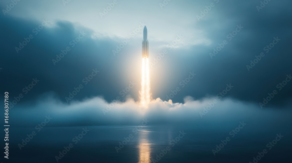 Obraz premium Rocket launching over ocean under cloudy sky