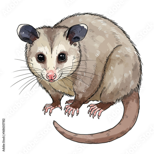 Detailed watercolor vector illustration of a North American opossum looking forward, isolated on a clean white background