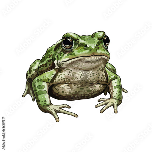 Detailed vector illustration of a beautiful green toad sitting, showcasing its textured warty skin and large, expressive eyes