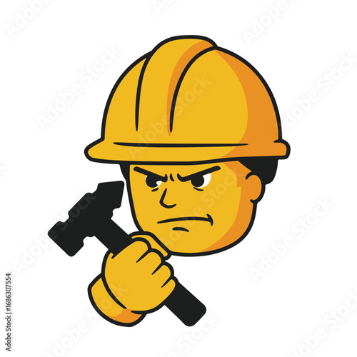 A yellow construction worker with a hard hat and a hammer with an angry expression
