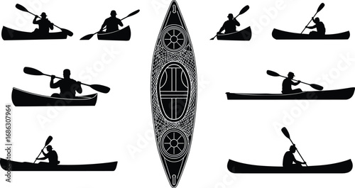 Canoe and kayak paddling silhouette vector illustration, top view canoe design, multiple paddler positions, water sport activity, adventure and recreation