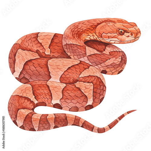 A beautifully detailed watercolor vector illustration of a venomous copperhead snake coiled and ready to strike, isolated on a white background