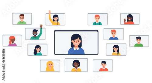 Connect and collaborate virtually with diverse team members in a dynamic video conference call fostering global teamwork and communication, Generative AI.