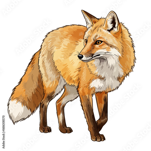 A detailed vector illustration of a wild red fox, Vulpes vulpes, standing and looking back, isolated on a white background for creative projects