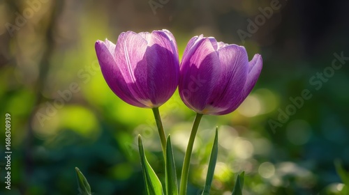 Beautiful vibrant purple tulips blooming in a lush green garden under sunlight with detailed petals and fresh leaves in sp