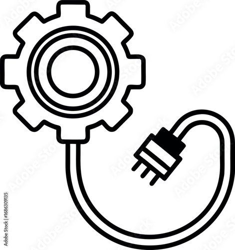 Gear and Plug Symbolizing Connection Efficiency and Technological Innovation in Outline Style for Digital Design and Engineering Applications