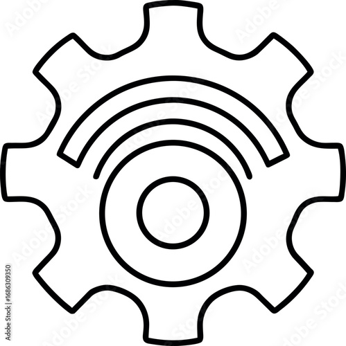 Gear Symbol with concentric circles inside representing radio waves or broadcast signal transmission in black outline for engineering or technology solutions