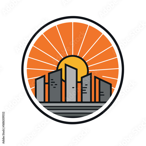 Circular logo depicts a skyline with skyscrapers in front of an orange sunburst enclosed within a blacklined circle