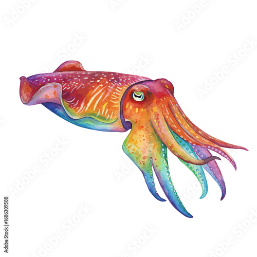 A stunning watercolor illustration of a vibrant cuttlefish, showcasing a beautiful spectrum of rainbow colors on its body, isolated on a white background