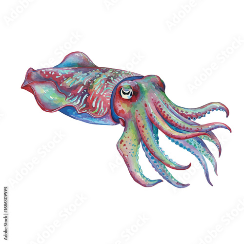 Vibrant watercolor illustration of a beautiful cuttlefish with colorful tentacles, isolated on a white background. Detailed marine biology art