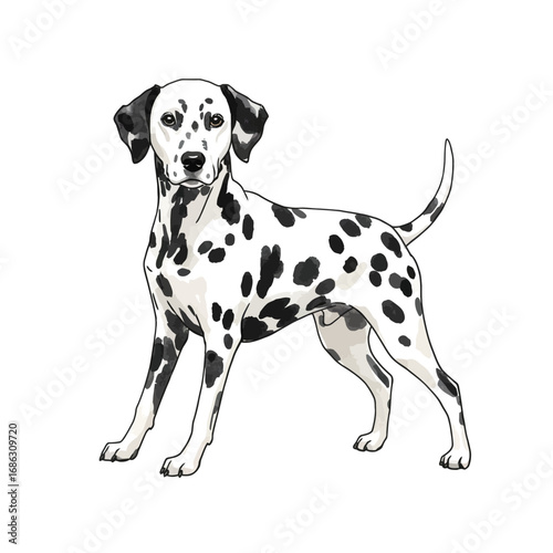 A beautifully rendered vector illustration of a standing Dalmatian dog, featuring distinctive black spots and a subtle watercolor texture