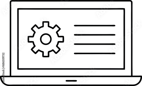 Laptop with gear icon and text lines showcasing settings configuration and preferences panel display for software development and system administration
