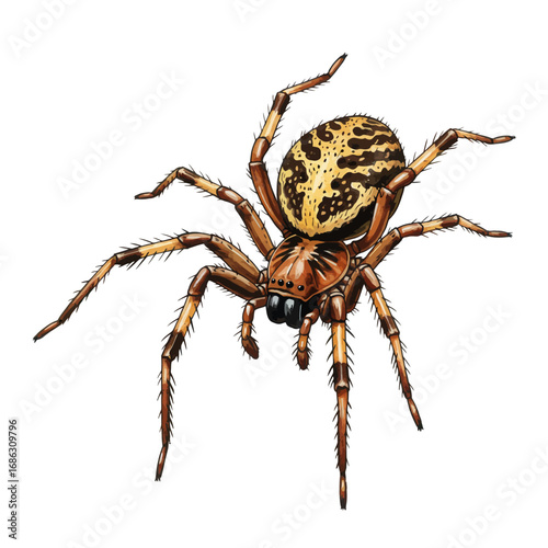 A realistic watercolor style illustration of a garden spider. Detailed and scientifically accurate vector art of an arachnid isolated on a white background
