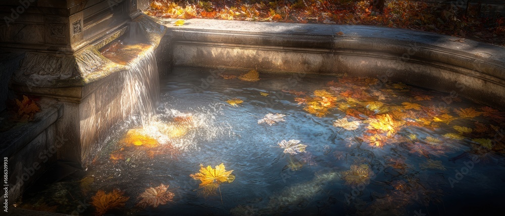 Obraz premium Wide-angle view of a circular outdoor fountain filled with floating colorful autumn leaves and clear water du daytime