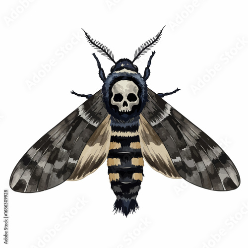 A beautifully rendered watercolor vector illustration of a mysterious nocturnal moth featuring a prominent human skull marking on its thorax