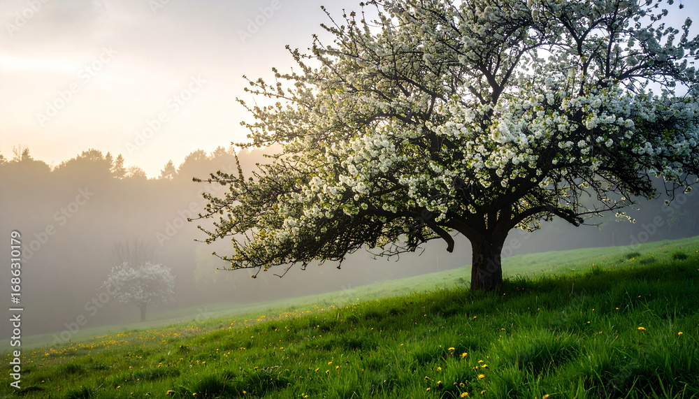 Fototapeta premium Misty forest morning with a lone tree and green grass