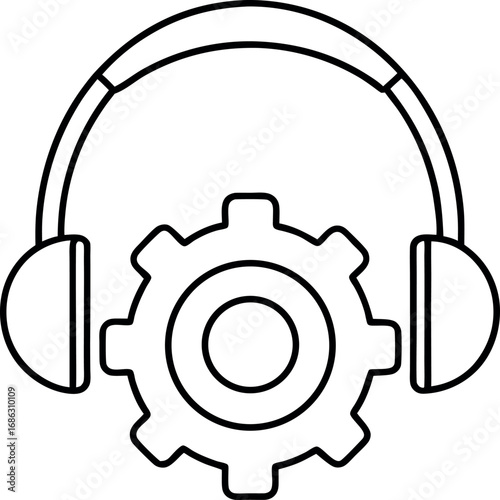 Outlined headphones paired with a gear wheel symbol representing technical support or audio engineering and sound design concept
