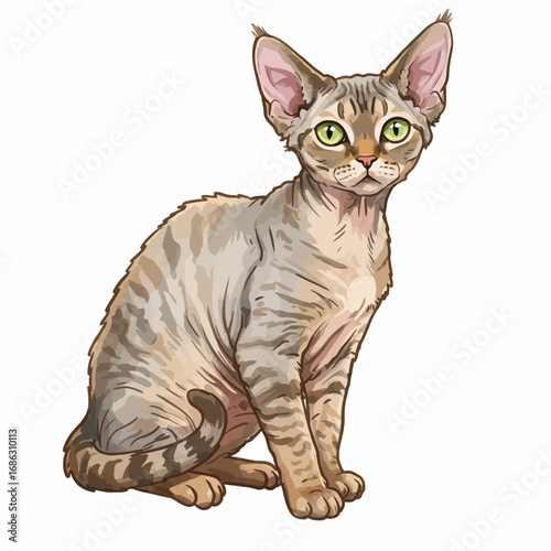 Charming Devon Rex cat with large green eyes and a unique wavy coat, depicted in a beautiful watercolor vector illustration style on a clean white background