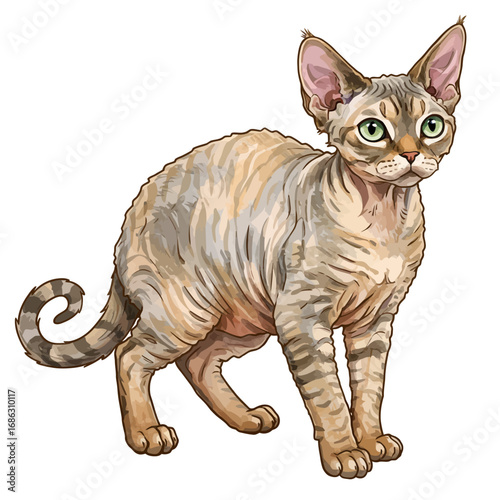 A detailed vector illustration of a Devon Rex cat with green eyes and a wavy tabby coat. Hand-drawn artistic feline portrait isolated on a white background
