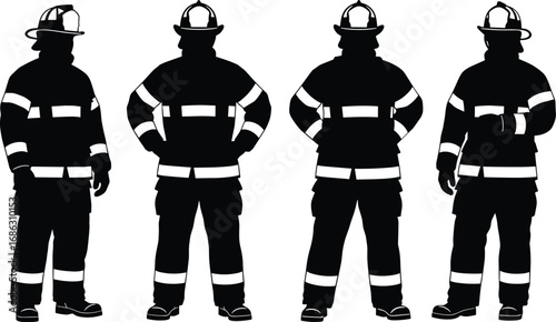 Firefighter silhouette vector illustration, fireman in uniform from multiple angles, emergency rescue worker, safety gear, protective clothing, firefighting profession concept art