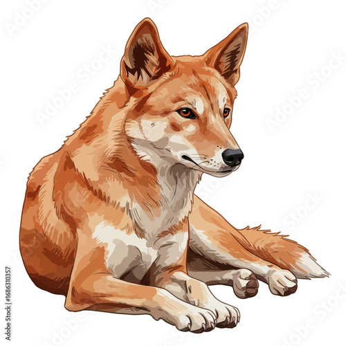 A beautifully detailed vector illustration of an Australian dingo in a resting pose. This digital art captures the wild nature of the native canine