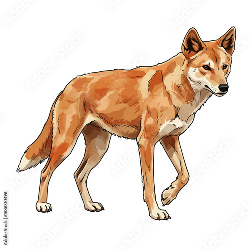 A detailed watercolor vector illustration of an Australian dingo walking. This wild canine predator is depicted with ginger fur