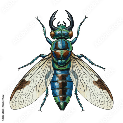 Detailed vector illustration of a male dobsonfly with large mandibles. Realistic insect art with iridescent blue and green colors on a white background