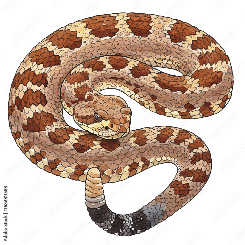 Fototapeta premium Detailed vector illustration of a coiled North American rattlesnake. Hand-drawn venomous reptile with intricate scales, isolated on a white background