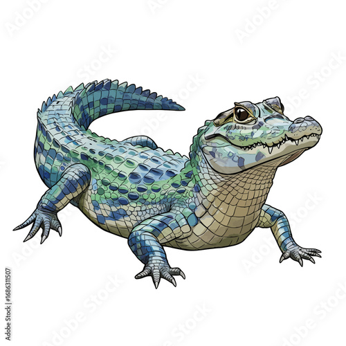 Detailed vector illustration of a vibrant blue and green young caiman. Stylized watercolor drawing of a juvenile alligator isolated on a white background