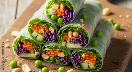 Fresh spring rolls with vibrant vegetables and peanut garnish on wooden board