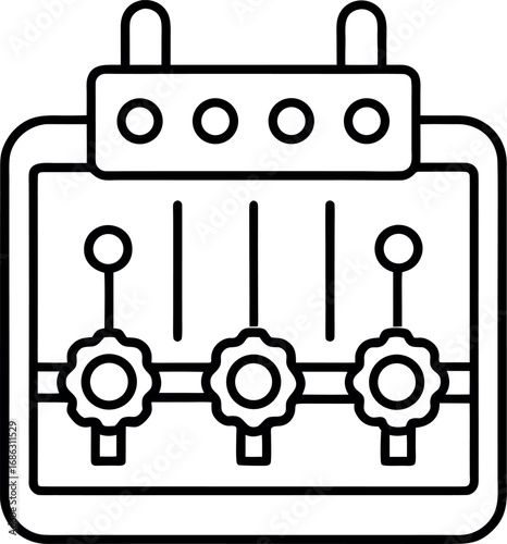 Vector line art illustration of an audio mixing console with three knobs and linear controls for music production and sound engineering