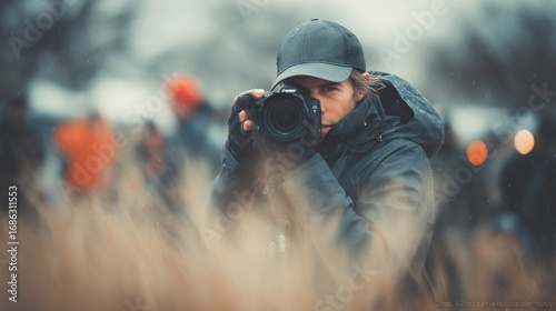 Focused photographer in nature capturing moments with a professional camera