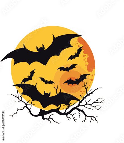 Flying bat silhouette under moonlight in Halloween vector illustration