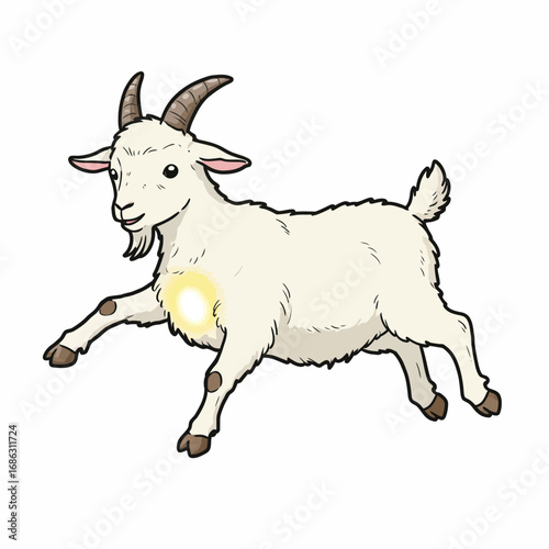 Adorable vector illustration of a playful white fainting goat with a magical glowing orb on its chest, isolated on a white background