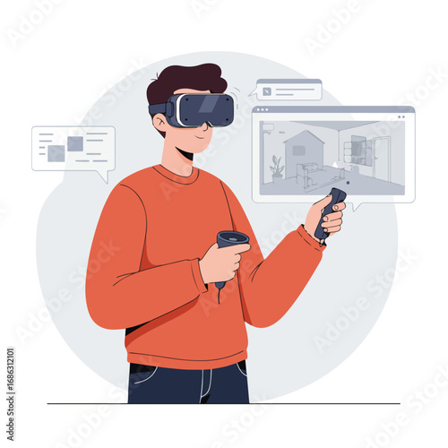 Illustration depicts a person wearing VR headset holding controllers interacting with a virtual room