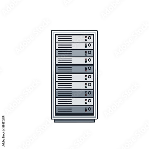 Isolated server rack with multiple units against a white background in a minimalist vector style