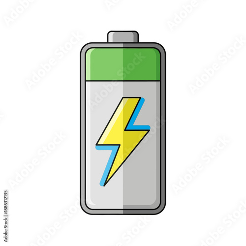 A fully charged battery with a green top and a yellow lightning bolt on a white background design icon