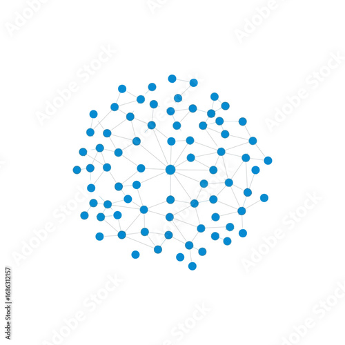 A network of blue dots connected by lines forming a spherical shape on a white background space