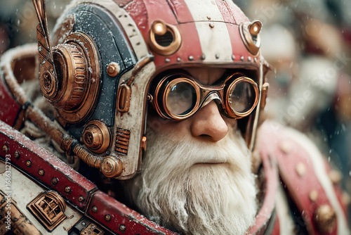 A robotic version of Santa Claus stands poised with detailed features and festive attire