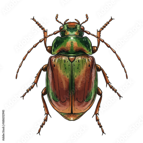 A beautifully detailed watercolor vector illustration of a chafer beetle with iridescent green and bronze coloring, isolated on a white background
