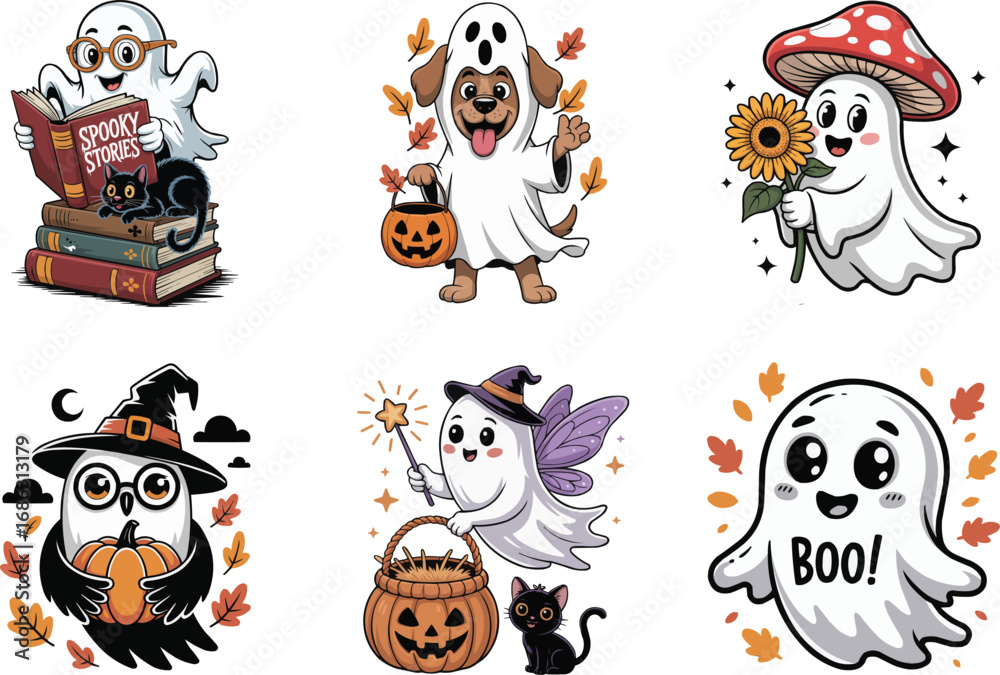 Obraz premium Cute Halloween Ghost Illustration Set with Pumpkins Animals and Autumn Elements