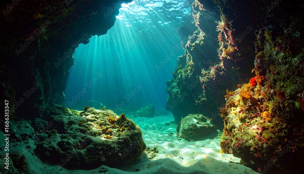 Fototapeta premium Underwater cave illuminated by sunlight