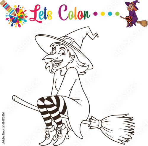 Halloween Witch on Broomstick Coloring Page for Kids Illustration