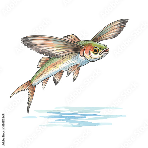 A vibrant watercolor vector illustration of a flying fish gliding gracefully through the air, its wing-like fins spread wide over the water