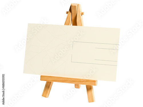 Miniature wooden display easel holding a blank placeholder card on a transparent background
