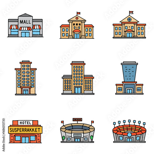 Nine colorful building illustrations Mall town hall hotel stadium and multistory structures are depicted