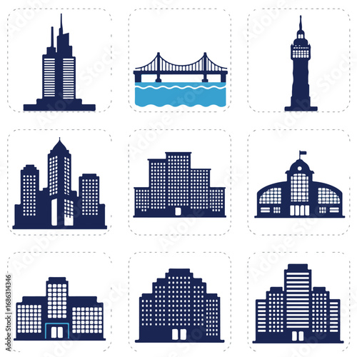 Nine dark blue building and bridge silhouettes on white squares with dashed borders