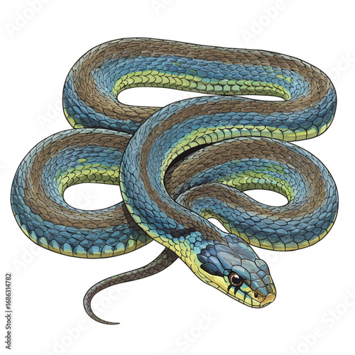A detailed digital watercolor illustration of a colorful striped garter snake coiled and isolated on a clean white background. Realistic reptile vector art