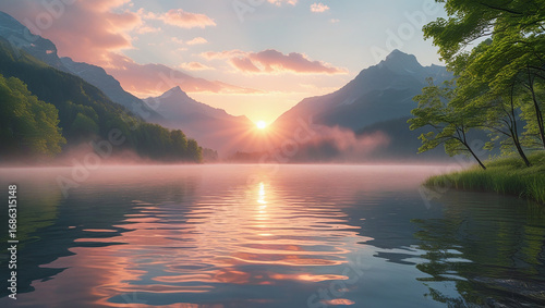 Serene sunset reflection over a mount