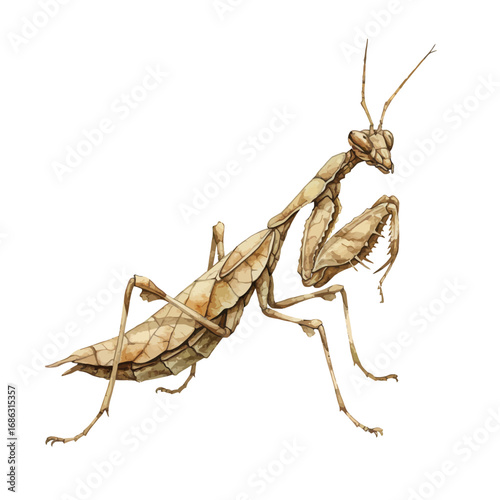 A realistic watercolor vector illustration depicting a brown praying mantis with intricate details, isolated on a clean white background